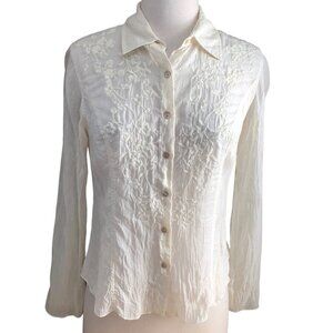 J Jill Embroidered Semi Sheer Button Up Bell Sleeve Blouse - NEW